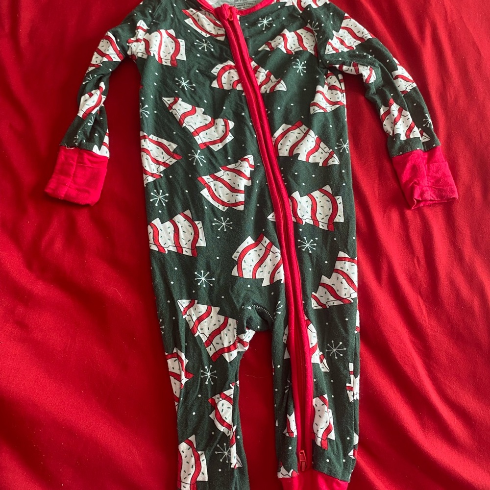 Bamboo Holiday Tree Print Zip One-Piece Pajamas - Green & Red